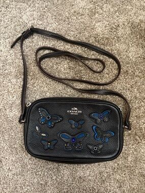 Coach Black Leather Crossbody with Blue Butterfly Appliqués